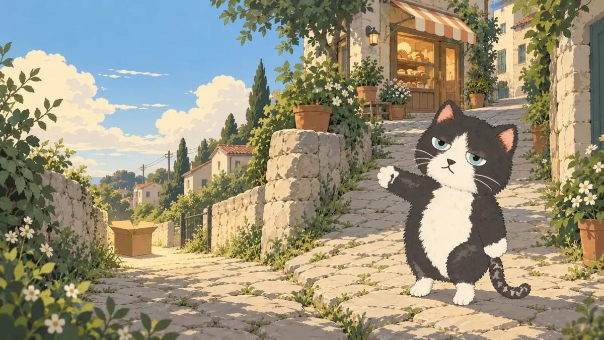 海辺の坂道を歩くねこのアニメ風キービジュアル