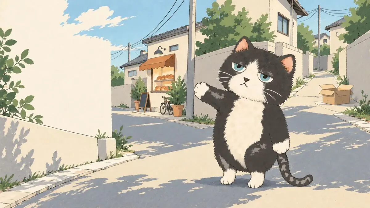 街角を歩くねこのアニメ風キービジュアル