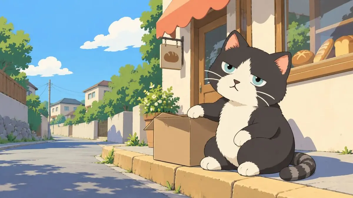 段ボール箱のそばのねこのアニメ風キービジュアル