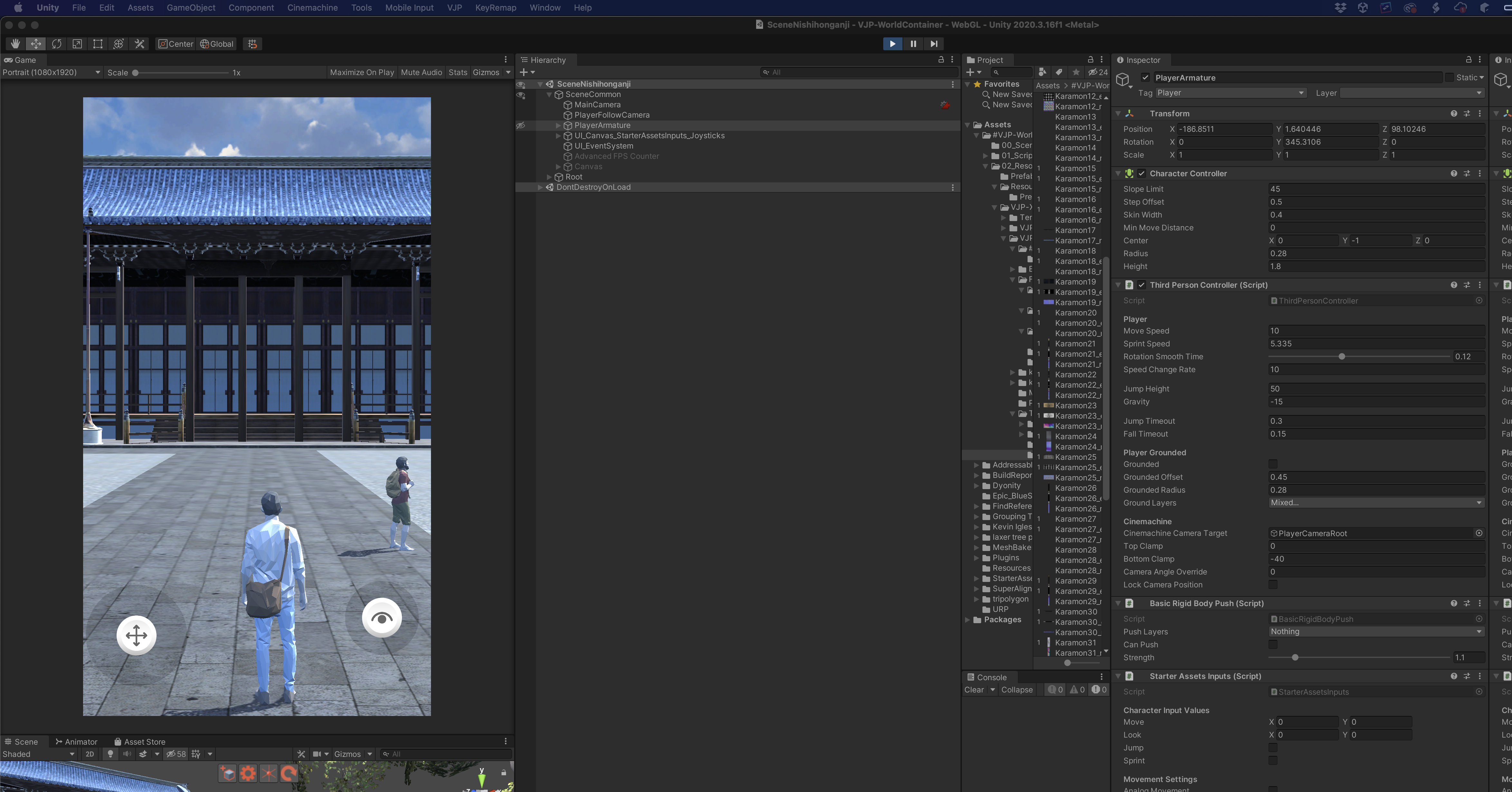 Unityで寺の前に人が立っているところ
