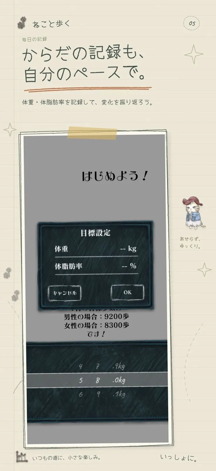 App Storeスクリーンショット。体重や体脂肪率の目標を設定する記録画面