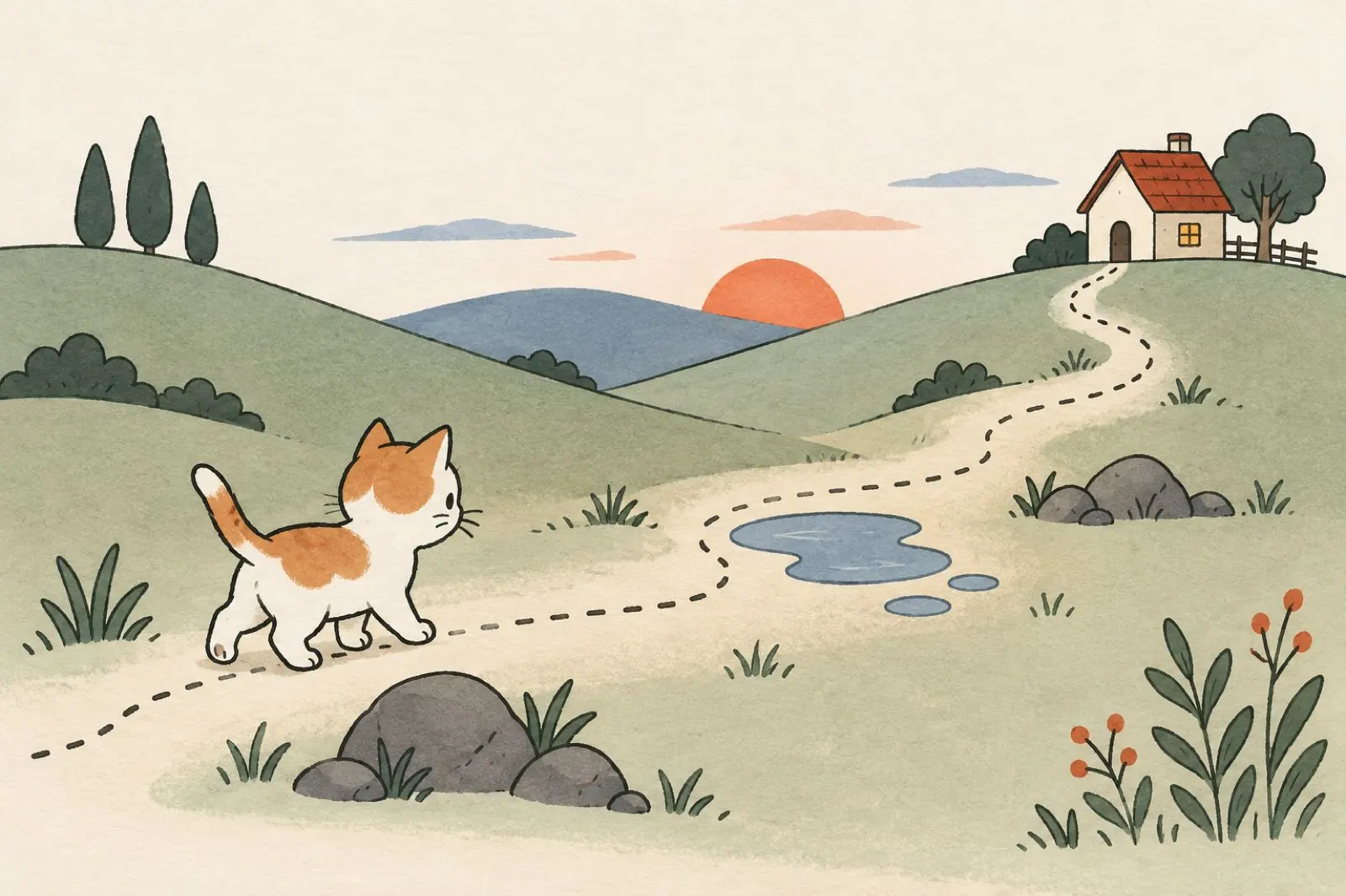 イメージ:夕暮れの丘を、点線の小道に沿って子猫が家へ向かって歩いていくイラスト